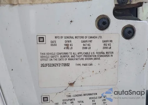 2000 Pontiac Firebird z USA, uszkodzony, nr VIN 2G2FS22K2Y2170602